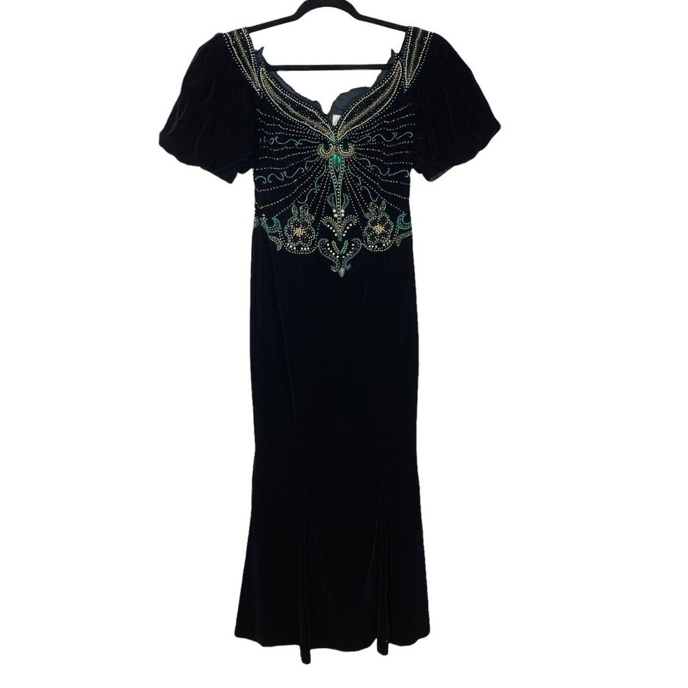 Vintage Landa Beaded Velvet Evening Gown Full Length Decolletage Neckline 6